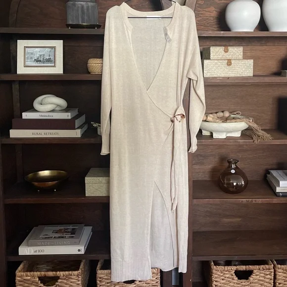 Johnathan SIMKHAI Evalynn Cashmere Blend Wrap Knit Midi Dress in Parchment Sz S